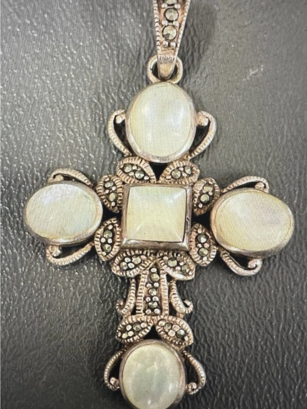 Vintage 925 STERLING SILVER MOTHER OF PEARL & MARCASITES CROSS PENDANT